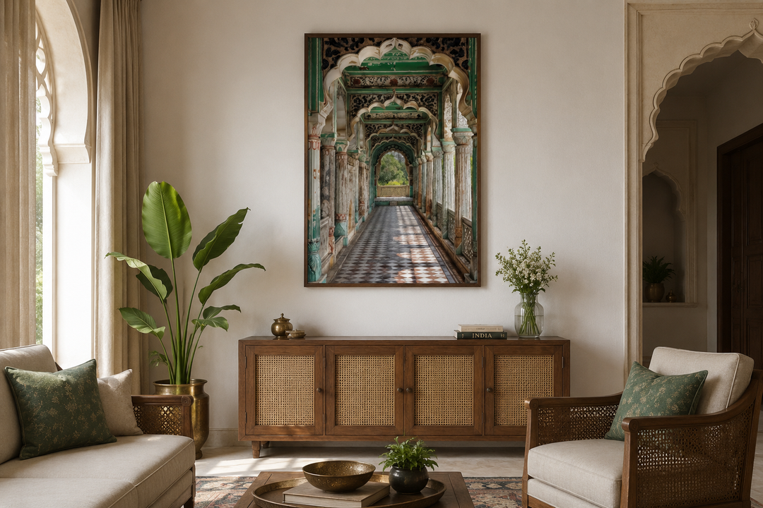Framed canvas wall art of a green Mughal architectural corridor with arched columns and tiled floor.