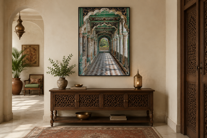 Indian Mughal Architecture Framed Canvas Wall Art featuring green arches and a checkered walkway.