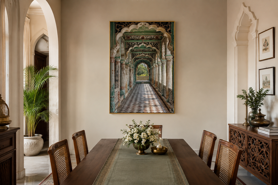 Indian Mughal Architecture Framed Canvas Wall Art hanging above a wooden dining table.