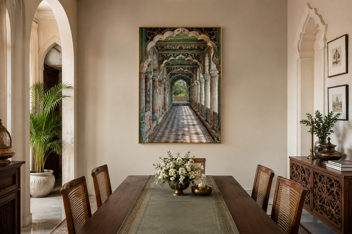 Indian Mughal Architecture Framed Canvas Wall Art hanging above a wooden dining table.