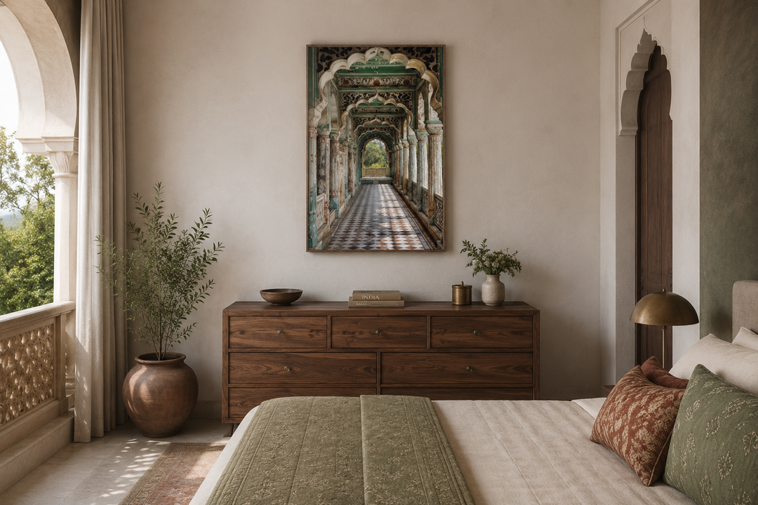 Framed canvas wall art of a Mughal architectural corridor with intricate arches and tiled floors.