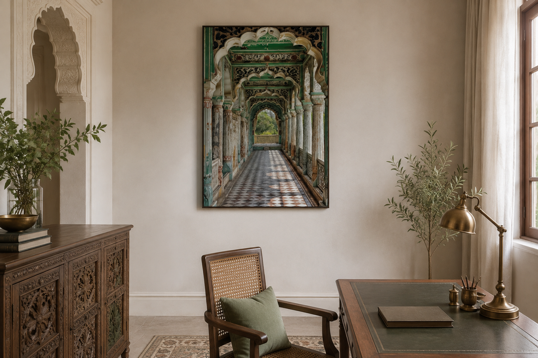 Indian Mughal Architecture Framed Canvas Wall Art featuring a green arched hallway on a study wall.