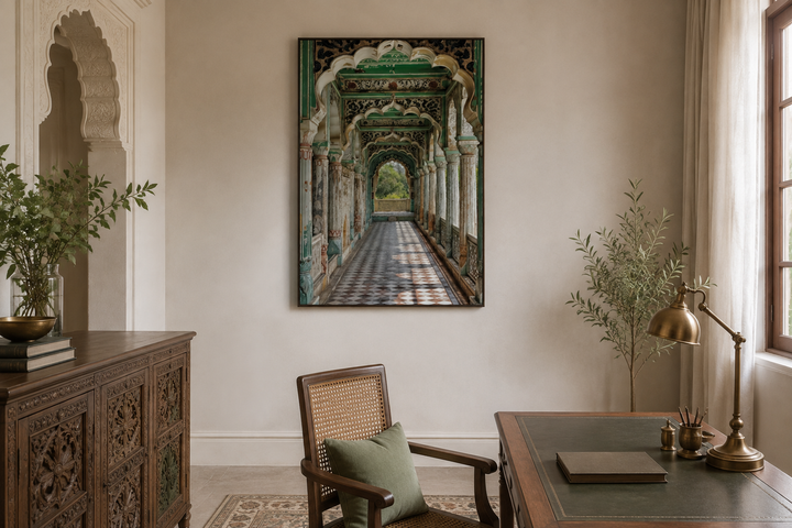 Indian Mughal Architecture Framed Canvas Wall Art featuring a green arched hallway on a study wall.