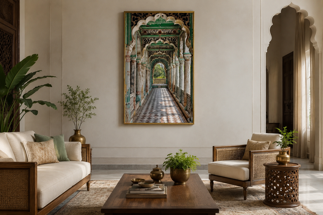 Framed canvas wall art of a Mughal architectural corridor with green arches and checkered floors.