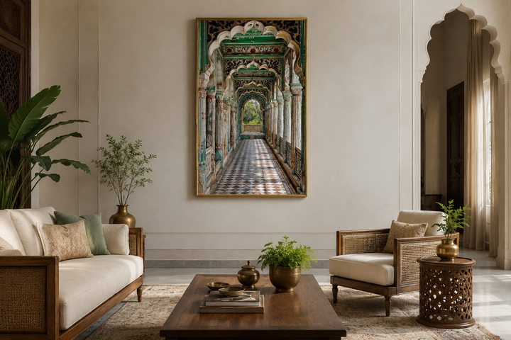 Framed canvas wall art of a Mughal architectural corridor with green arches and checkered floors.