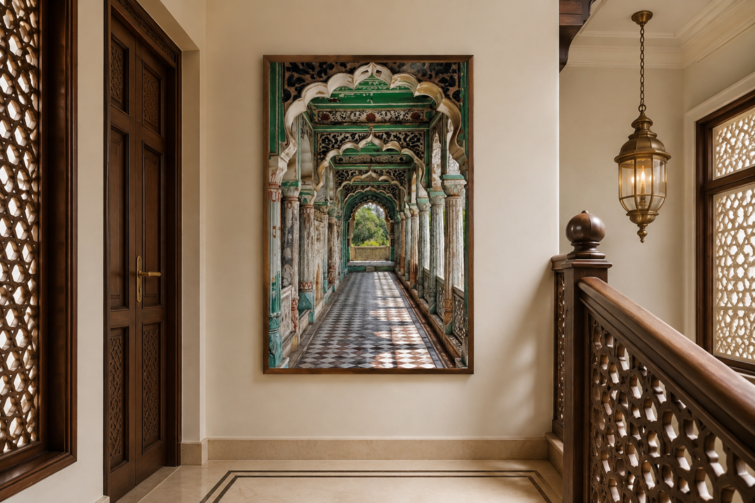 Framed canvas wall art of a Mughal architectural hallway with green arches and checkered floors.