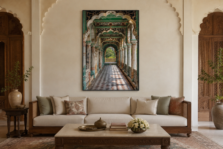 Indian Mughal Architecture framed canvas wall art above a sofa in a traditional living room.