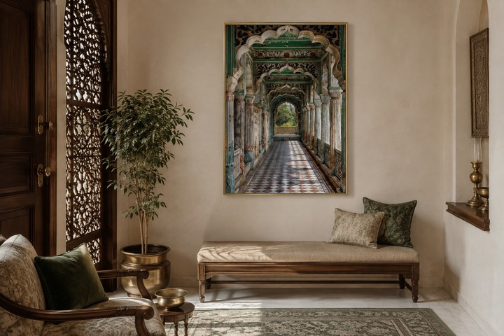Indian Mughal Architecture Framed Canvas Wall Art featuring a detailed green and gold arched hallway