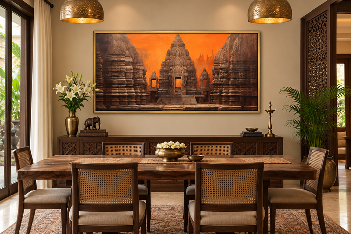 Framed Indian temple canvas wall art with orange and brown tones above a wooden dining set.