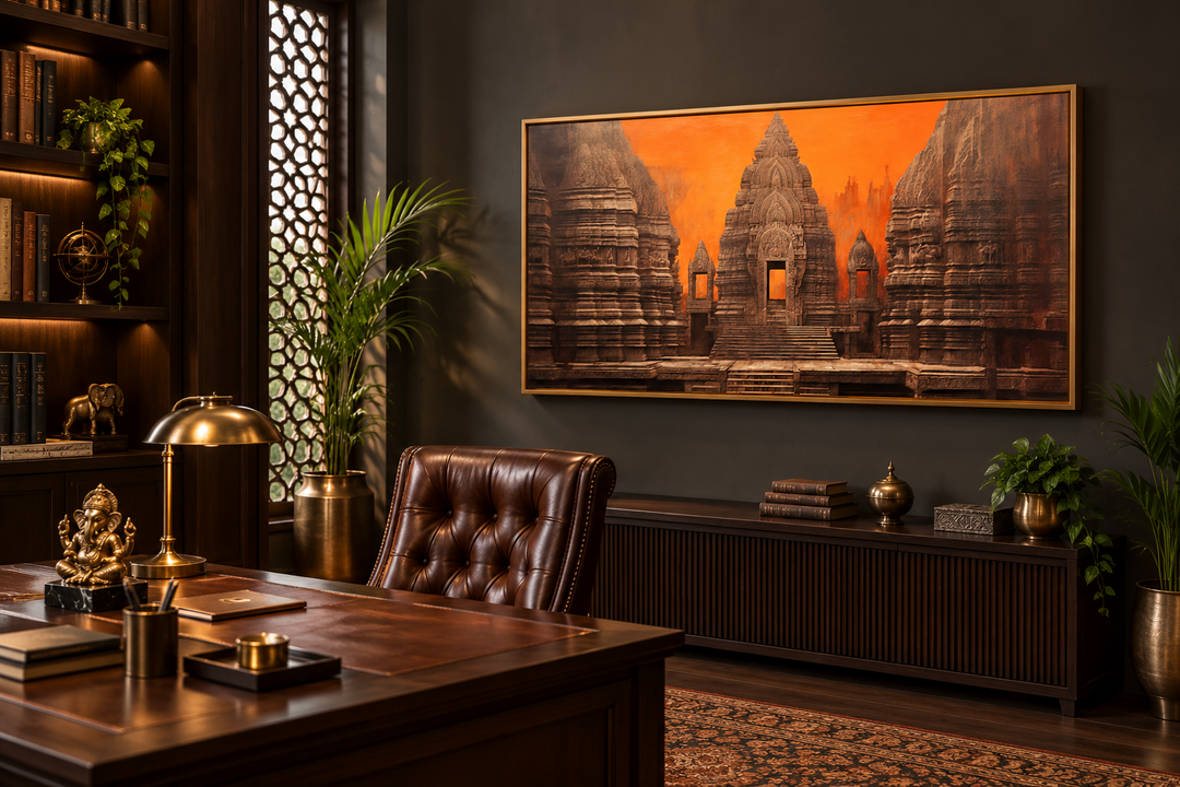 Framed canvas wall art of an ancient Indian temple with a vibrant orange and brown sunset sky.