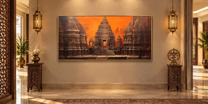 Framed Indian temple canvas wall art with orange and brown tones in a traditional living room.