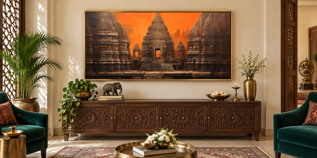 Framed Indian temple canvas wall art with orange and brown sunset tones above a carved wooden console