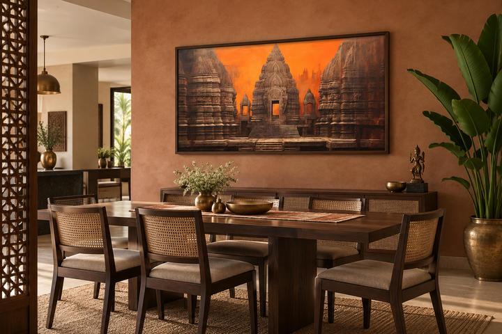 Framed canvas print of an ancient Indian temple at sunset in a warm, earthy dining room setting.