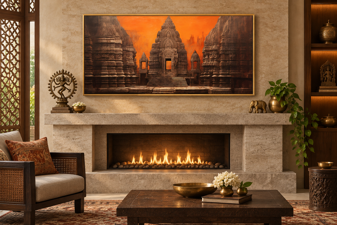 Framed Indian temple canvas wall art with orange and brown tones above a stone fireplace.