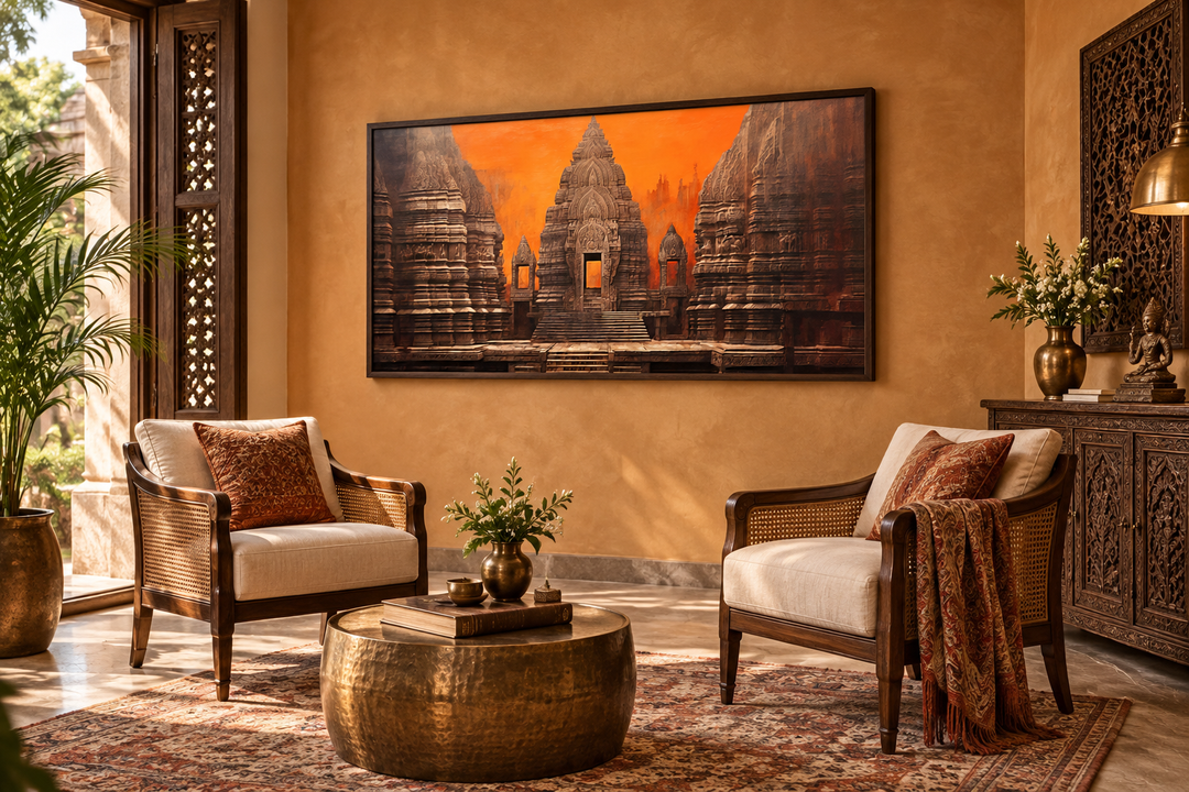 Framed Indian temple canvas wall art in orange and brown tones above a living room seating area.