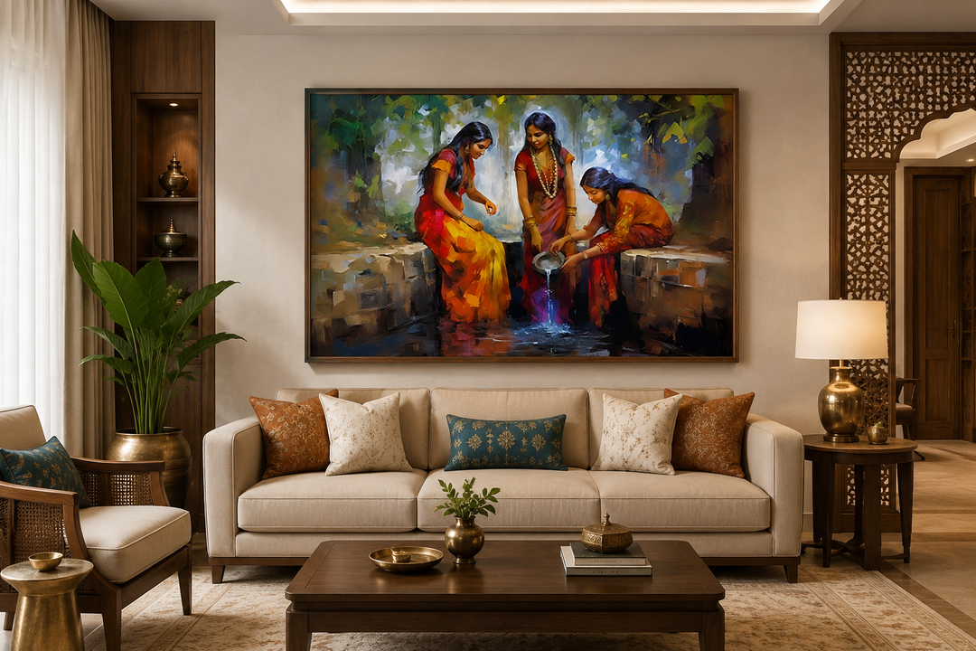 Indian Women At The Well traditional framed canvas wall art above a sofa in a living room.