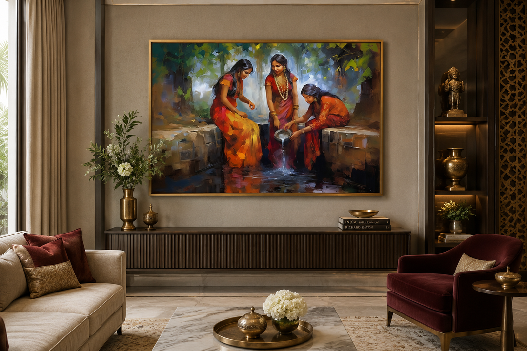 Traditional framed canvas wall art of Indian women at a well in a modern living room setting.