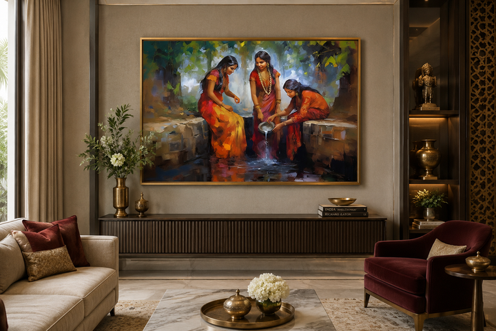 Traditional framed canvas wall art of Indian women at a well in a modern living room setting.