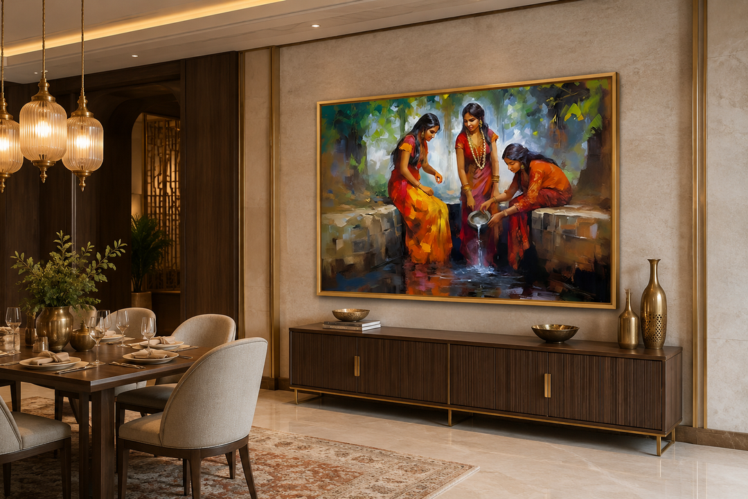 Traditional framed canvas wall art of Indian women at a well in a modern dining room setting.