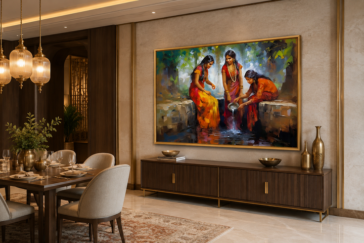 Traditional framed canvas wall art of Indian women at a well in a modern dining room setting.