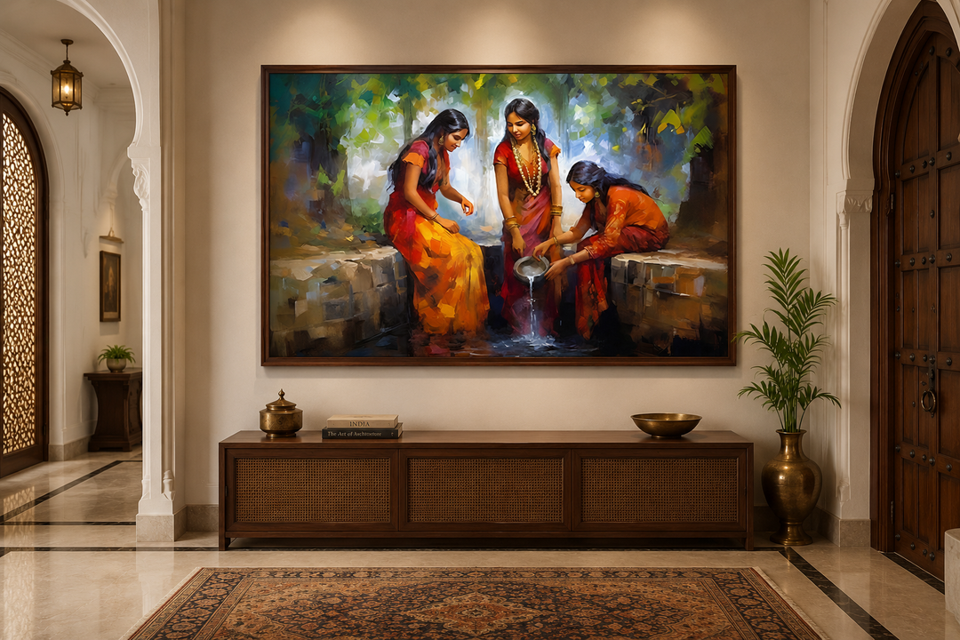 Traditional framed canvas wall art of Indian women at a well in a warm, cultural room setting.