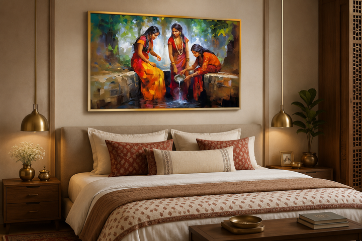 Framed canvas wall art of Indian women at a well above a bed with traditional patterned bedding.