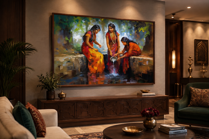 Traditional framed canvas art of Indian women at a well, displayed above a wooden console table.