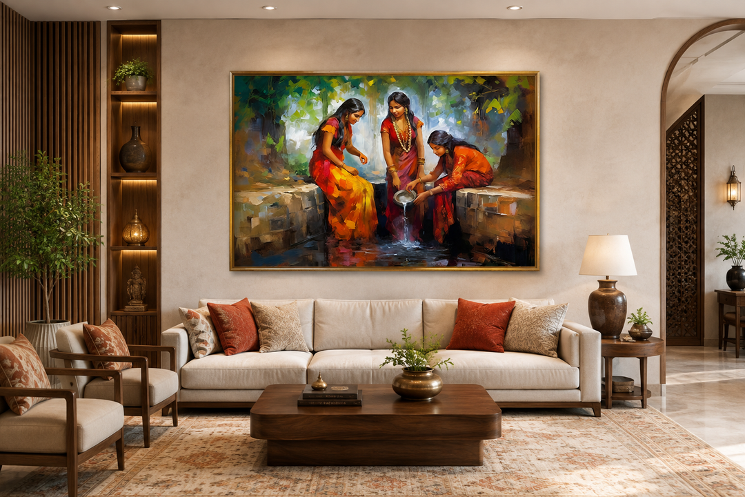 Indian Women At The Well traditional framed canvas wall art in a modern living room setting.