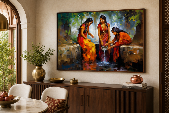 Indian Women At The Well traditional framed canvas wall art above a wooden sideboard.