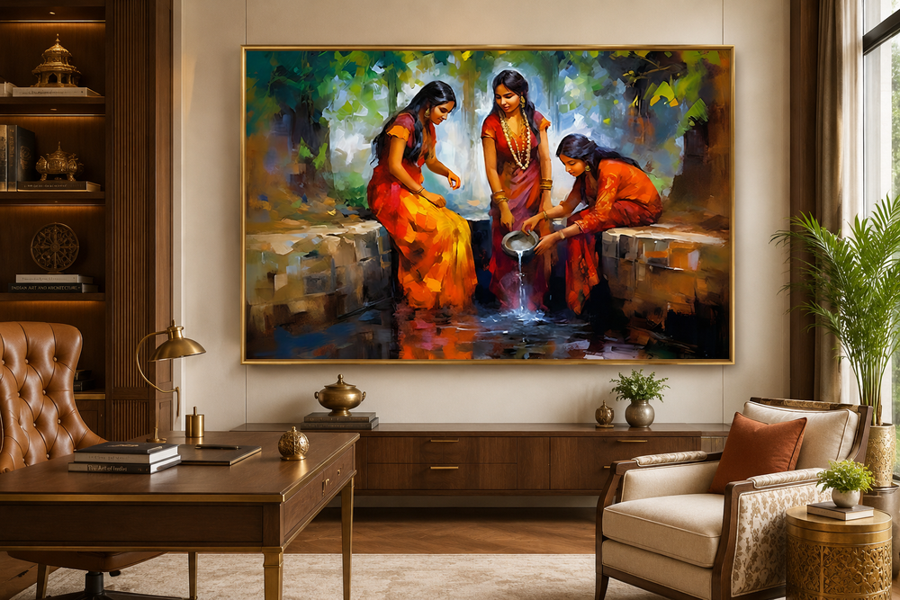 Framed canvas wall art of three Indian women in vibrant saris at a well in a home office setting.