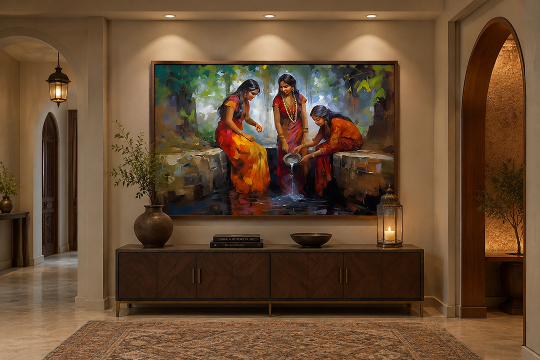 Framed canvas wall art of three Indian women in vibrant saris at a well, displayed over a sideboard.