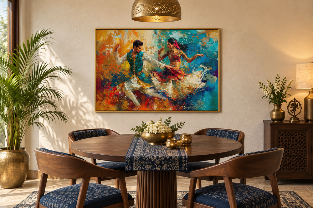 Framed canvas wall art of a man and woman in traditional attire performing a Bollywood dance.