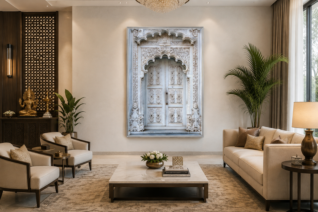 White and grey framed canvas wall art of an intricate traditional Indian door in a living room.