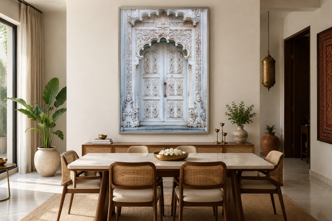White and grey framed canvas wall art of an intricate traditional Indian door in a dining room.