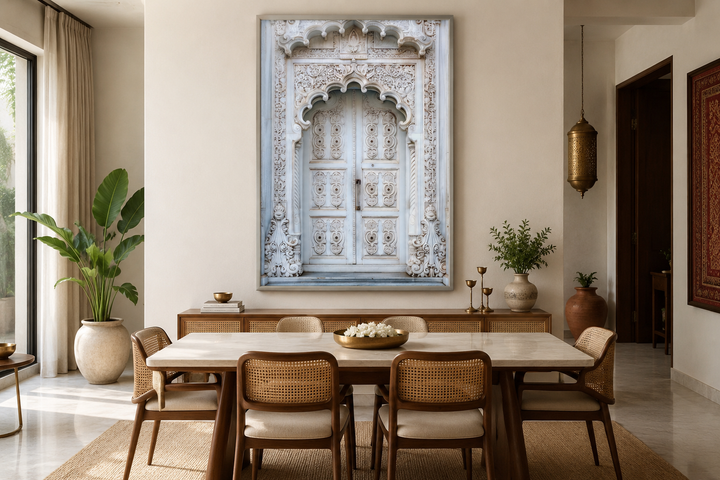 White and grey framed canvas wall art of an intricate traditional Indian door in a dining room.