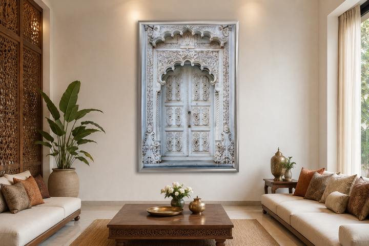 White and grey framed canvas wall art of an intricately carved traditional Indian door.