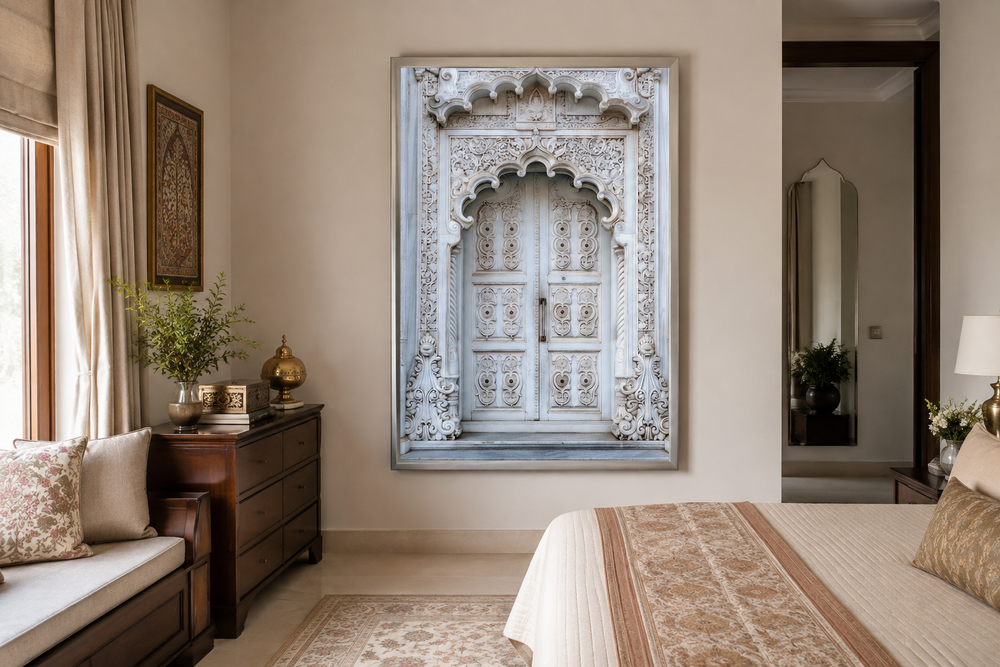 White and grey framed canvas wall art of an intricately carved traditional Indian door.
