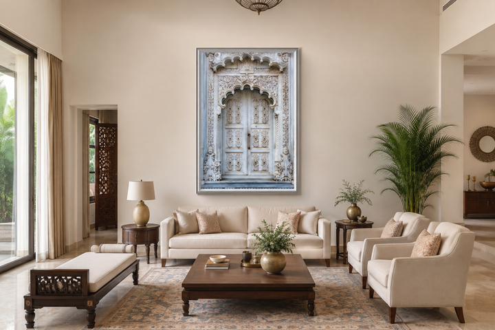 White and grey framed canvas wall art of an intricate traditional Indian door in a living room.