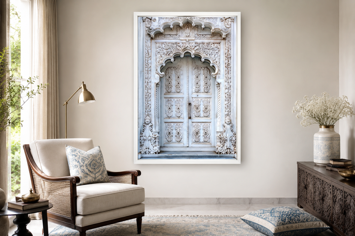White and grey framed canvas wall art featuring an intricate traditional Indian door design.