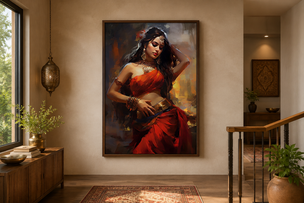 Framed canvas wall art of an Indian woman in a red sari performing a traditional folk dance.