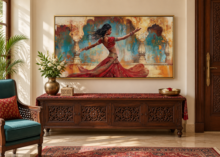 Framed canvas print of a traditional Indian woman dancer in a red lehenga on a cream wall.