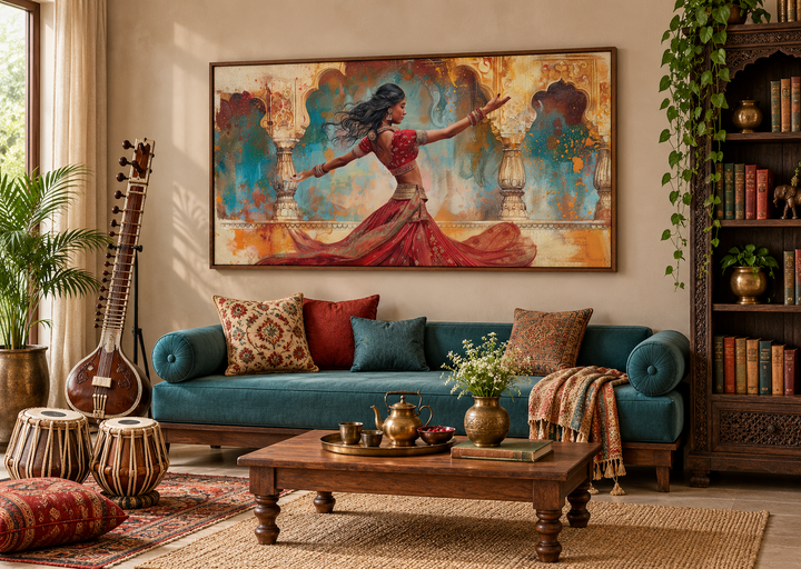 Framed canvas print of a traditional Indian woman dancer in a red dress on a living room wall.
