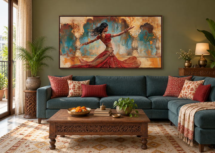 Framed canvas print of a traditional Indian woman dancer in a red dress above a teal sectional sofa.