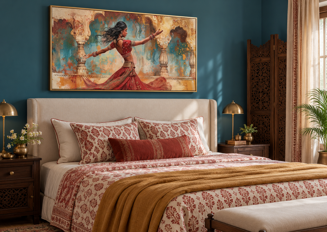 Framed canvas print of a traditional Indian woman dancer in a red dress over a bedroom headboard.