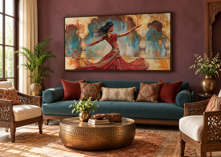 Framed canvas print of a traditional Indian woman dancer in a red dress on a plum-colored wall.