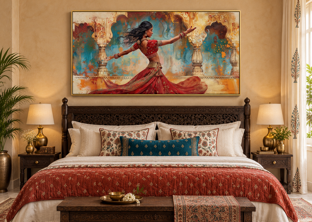 Framed canvas print of a traditional Indian woman dancer above a bed in a warm-toned bedroom.