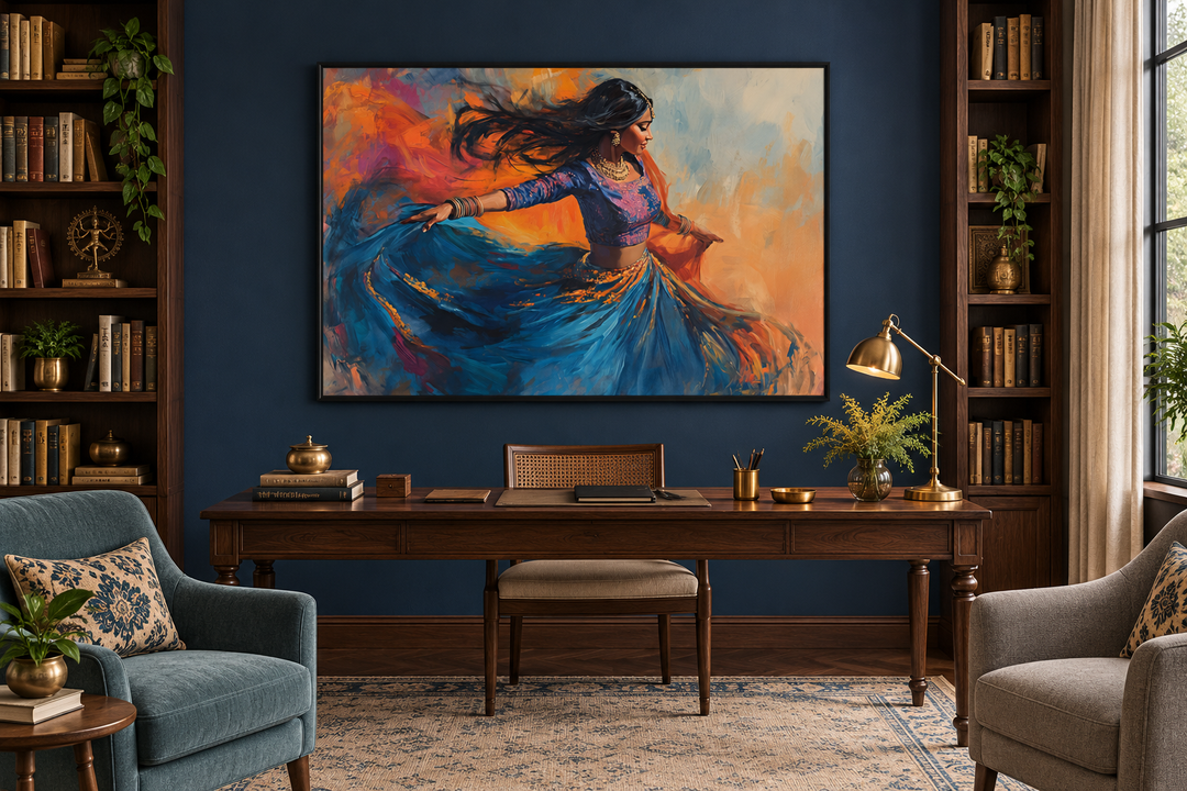 Framed canvas wall art of an Indian woman dancing in a blue dress against a dark blue wall.