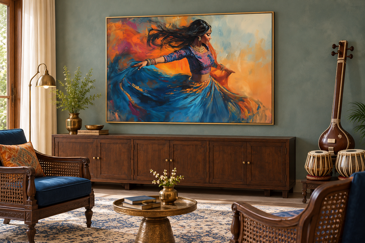 Indian woman dancing framed canvas wall art in a vibrant blue and orange palette above a sideboard.