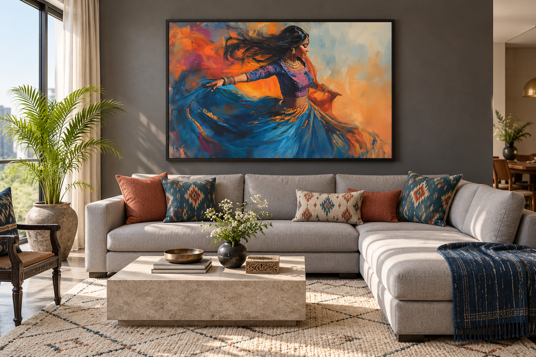 Indian woman dancing framed canvas wall art above a grey sectional sofa in a modern living room.