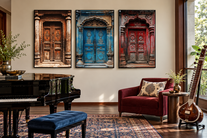 Set of three framed canvas prints featuring colorful, intricately carved traditional Indian doors.
